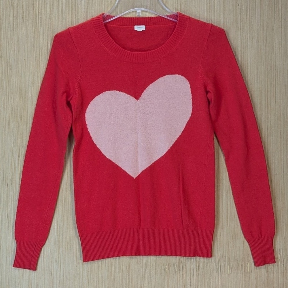 J.Crew Womens Preppy Twee Red‎ Pink Heart Merino Wool Alpaca Blend Sweater XS